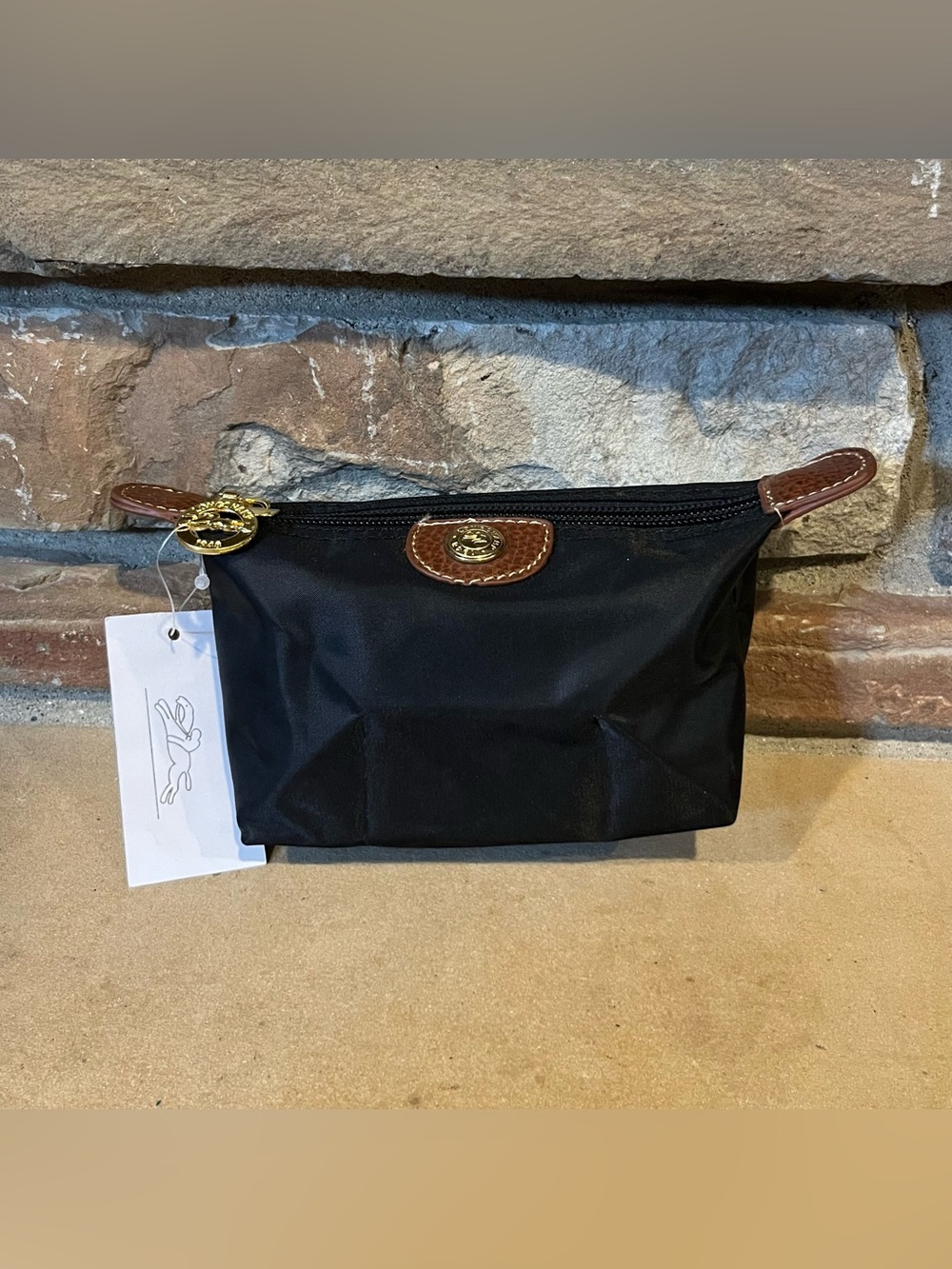 Longchamp Les Pliages Small Black Nylon Coin Pouch with Brown Leather Trim